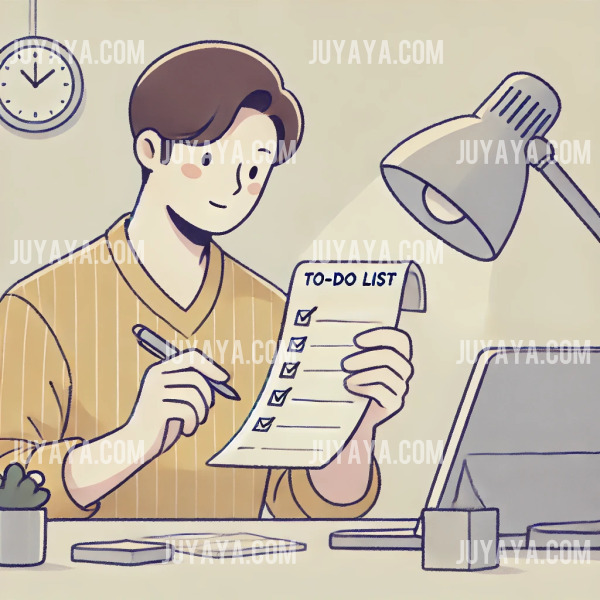 육아휴직 활용법 : 육아휴직 후 부모가 깔끔한 책상에서 노트에 할 일 목록을 정리하며 계획을 세우는 모습. 간결한 배경과 따뜻한 색감의 웹툰 스타일.