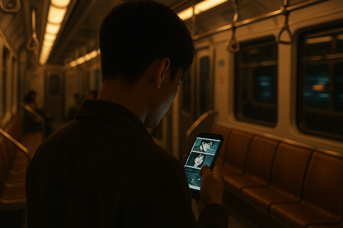 지하철에서 스마트폰으로 숏폼 영상을 시청하는 이용자들