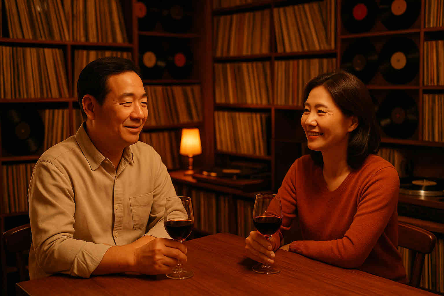 LP바에서 음악을 감상하는 중년 부부