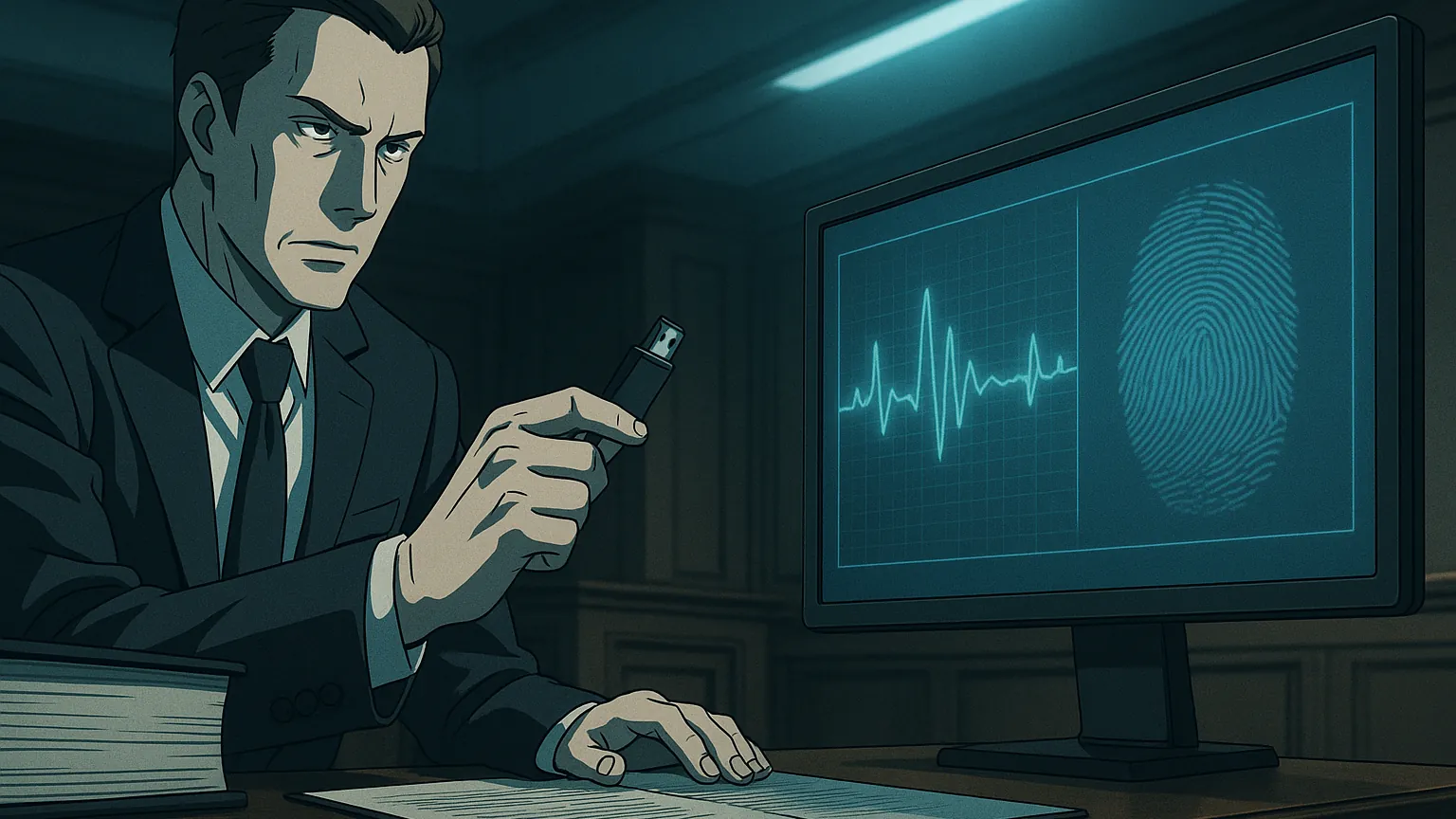 법정에서 CCTV 영상을 증거로 제출하는 모습과 디지털 포렌식 분석 화면이 함께 보이는 이미지