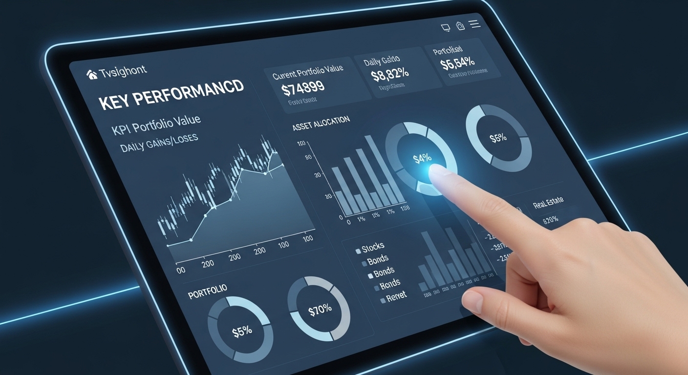 주식 포트폴리오의 실적을 분석하고 관리하는 금융 대시보드와 리밸런싱을 상징하는 이미지