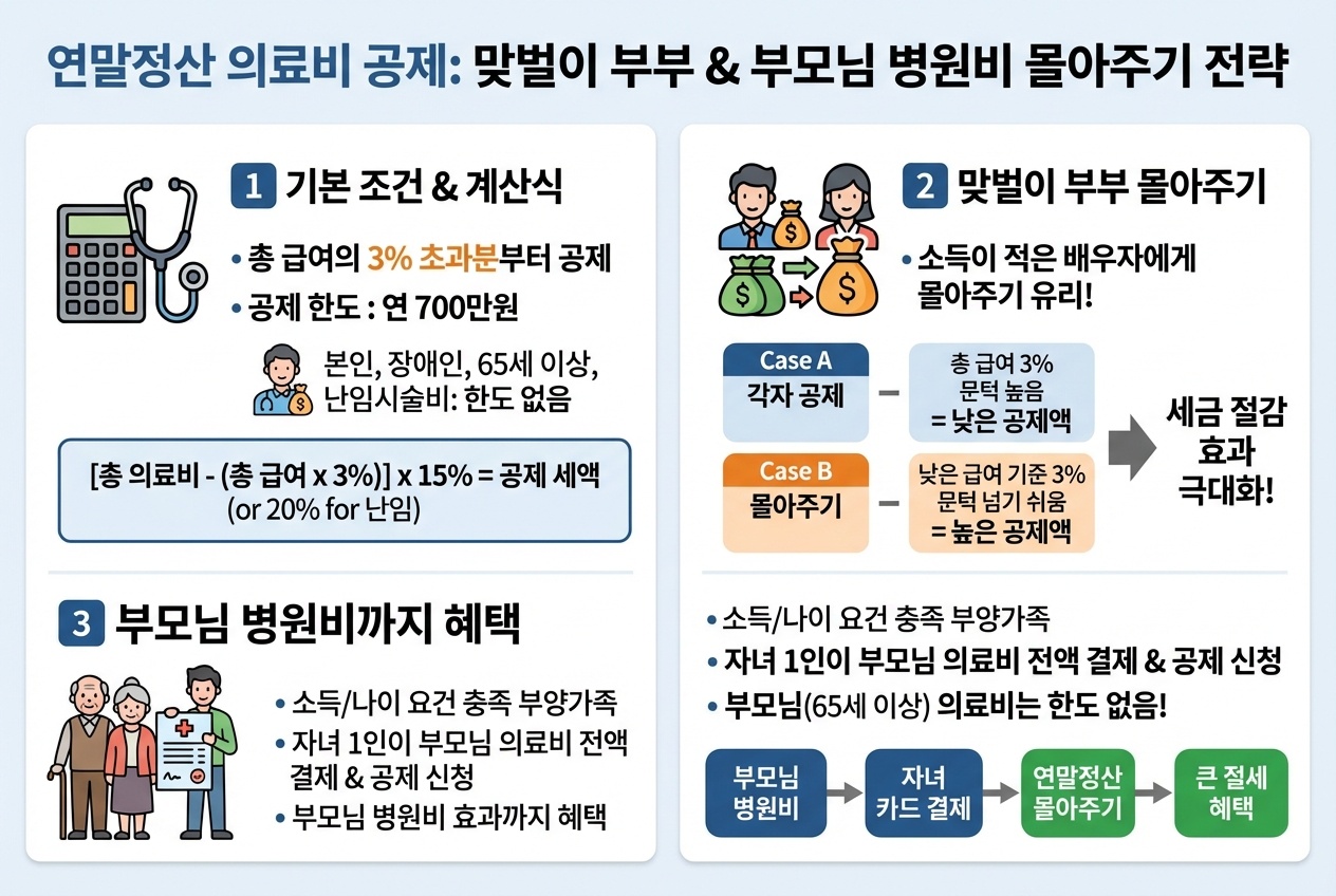 연말정산 의료비 공제 맞벌이 부부 몰아주기 부모님 병원비까지 혜택 인포그래픽
