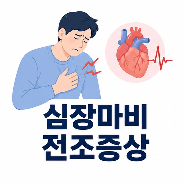 가슴 부근을 짚고 있는 사람과 심장 아이콘을 함께 배치해 심장마비 전조증상을 설명하는 대표 이미지
