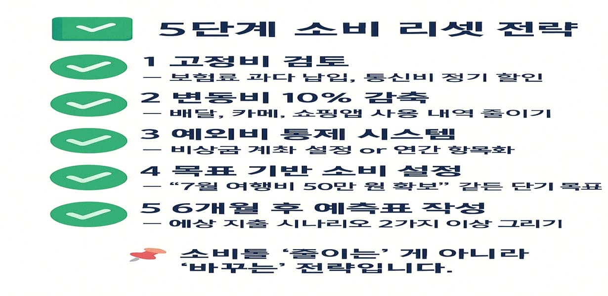 5단계 소비 리셋 전략을 항목별로 나열한 인포그래픽으로 고정비 검토, 변동비 감축, 예외비 통제, 목표 소비 설정, 6개월 예측표 작성이 체크아이콘과 함께 정리되어 있음.
