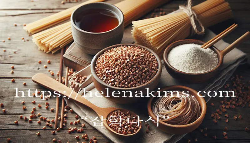 나무 탁자 위에 메밀, 메밀국수, 메일국수 소스 등이 놓여 있는 이미지.