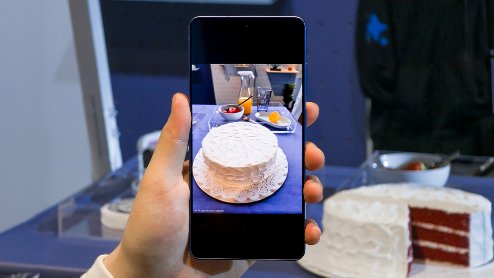 갤럭시 S26 AI 포토 어시스트 기능을 활용해 잘린 케이크를 원래대로 복원한 화면