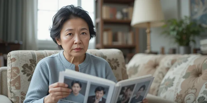 가족 사진을 보며 기억을 되짚는 노년 치매 여성의 혼란스러운 표정