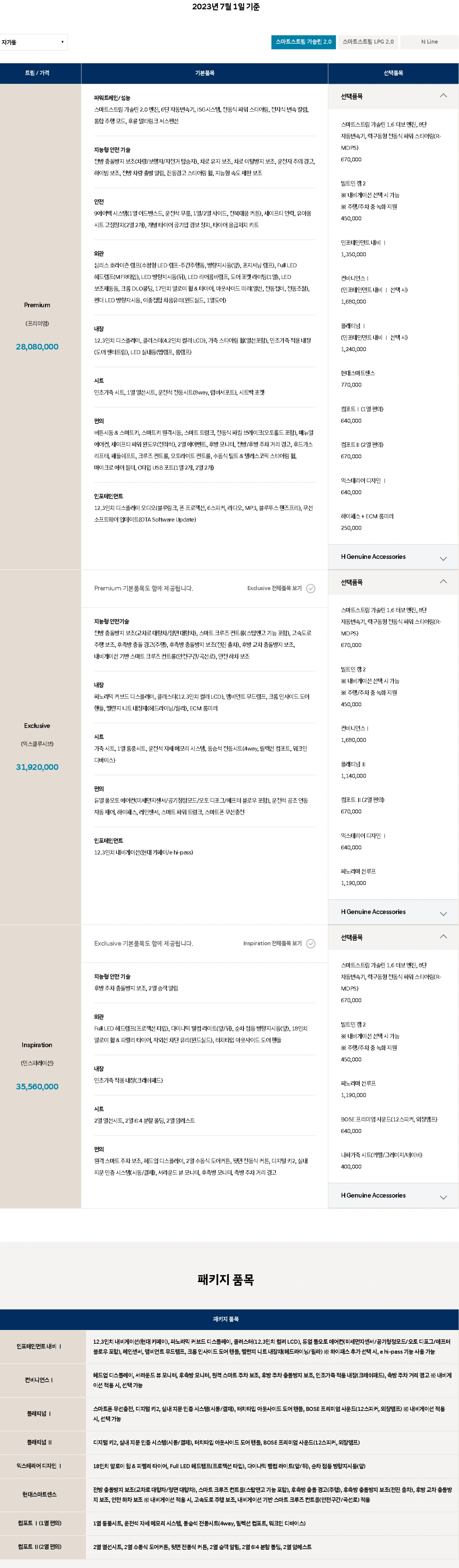 2023년 7월 30일 현대차 홈페이지 쏘나타 디 엣지 가격표