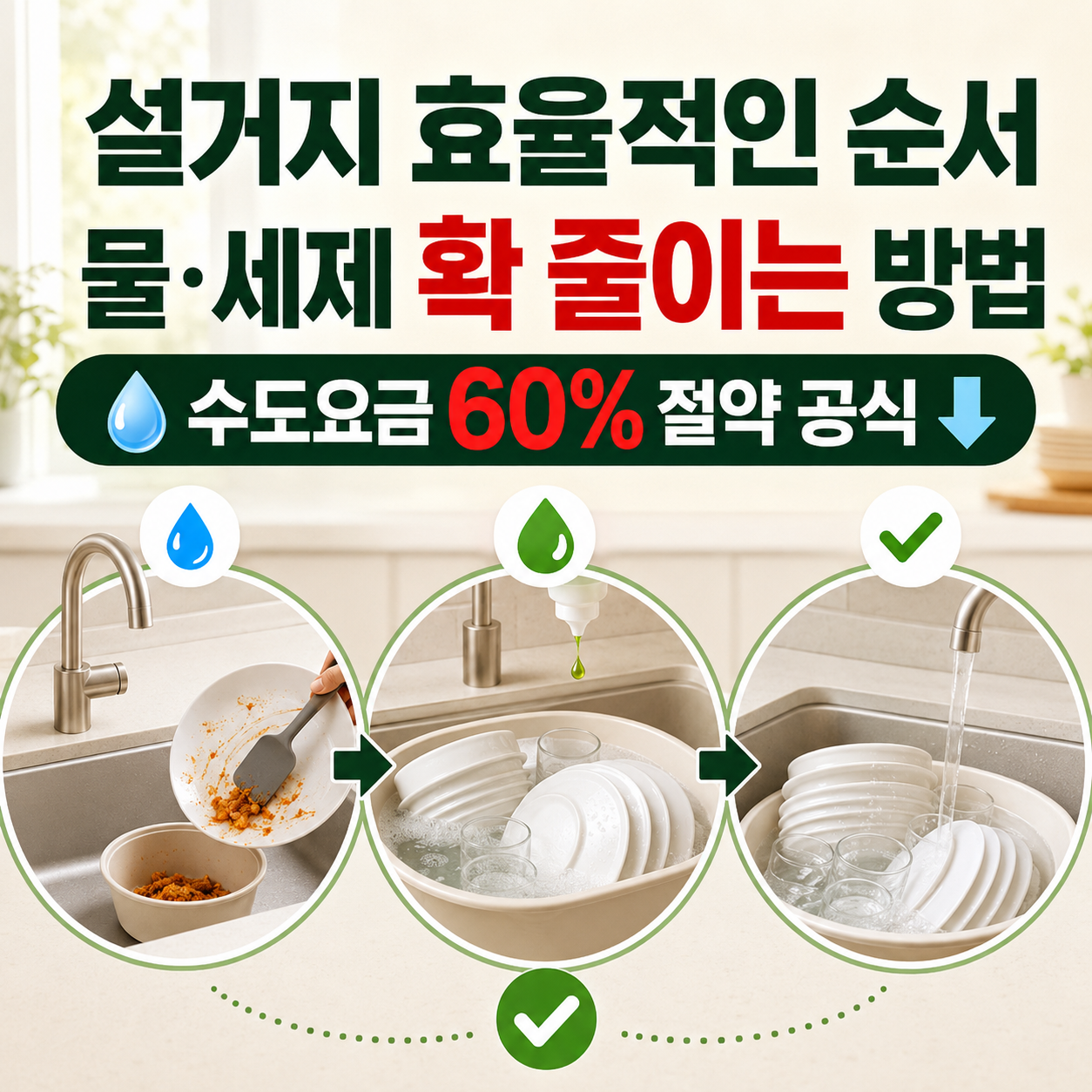 설거지할 때 물과 세제를 줄이는 효율적인 순서 (수도요금 60% 절약 공식)