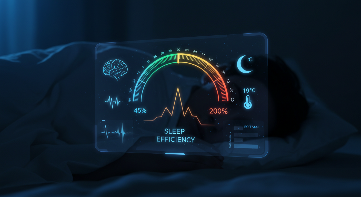 수면 효율 200% 달성을 보여주는 미래형 홀로그램 인터페이스와 평화롭게 잠들어 있는 사람, 뇌파·온도·달 아이콘이 표시된 수면 모니터링 시스템