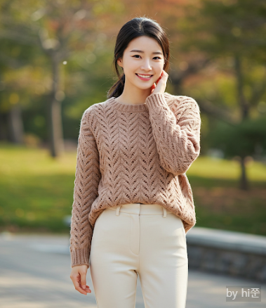 모카 무스 컬러의 니트 스웨터와 아이보리 팬츠