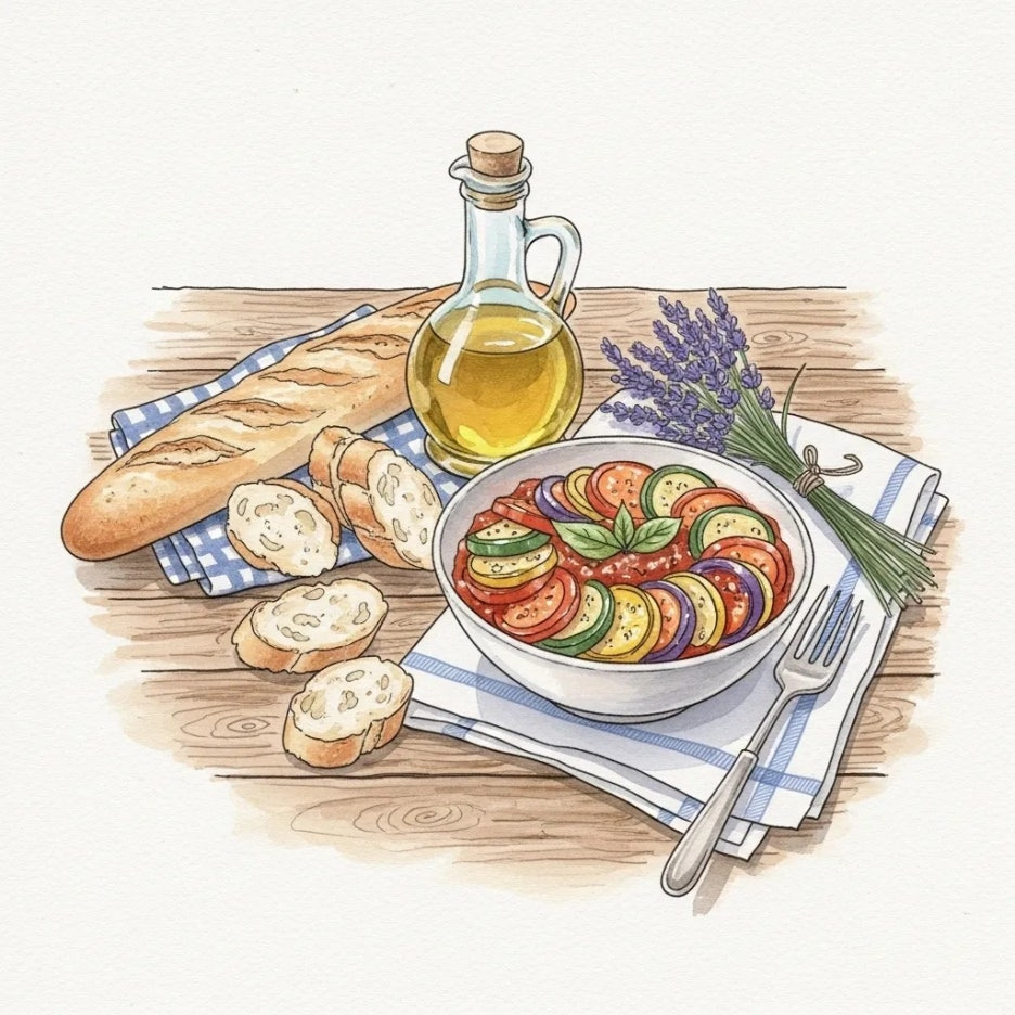 신선한 재료로 만든 프로방스 전통 요리 한 상.