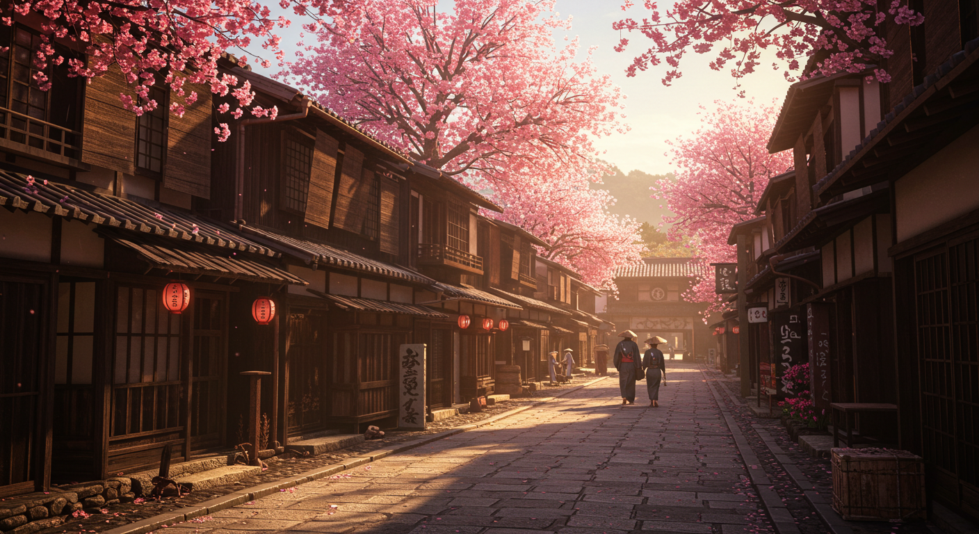 벚꽃이 핀 일본의 한적한 소도시 거리 풍경