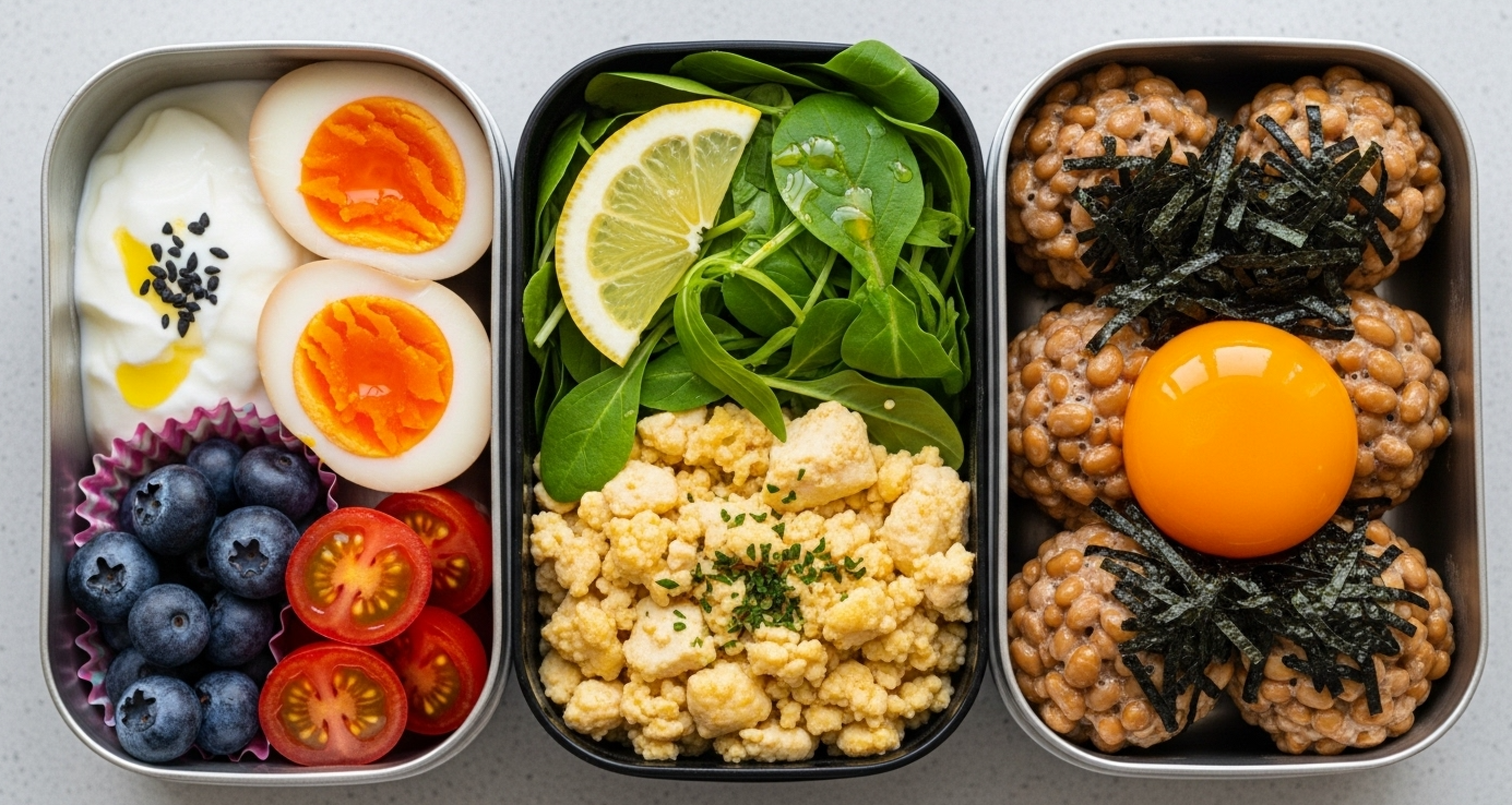 2 eggs + Greek yogurt + blueberries + cherry tomatoes