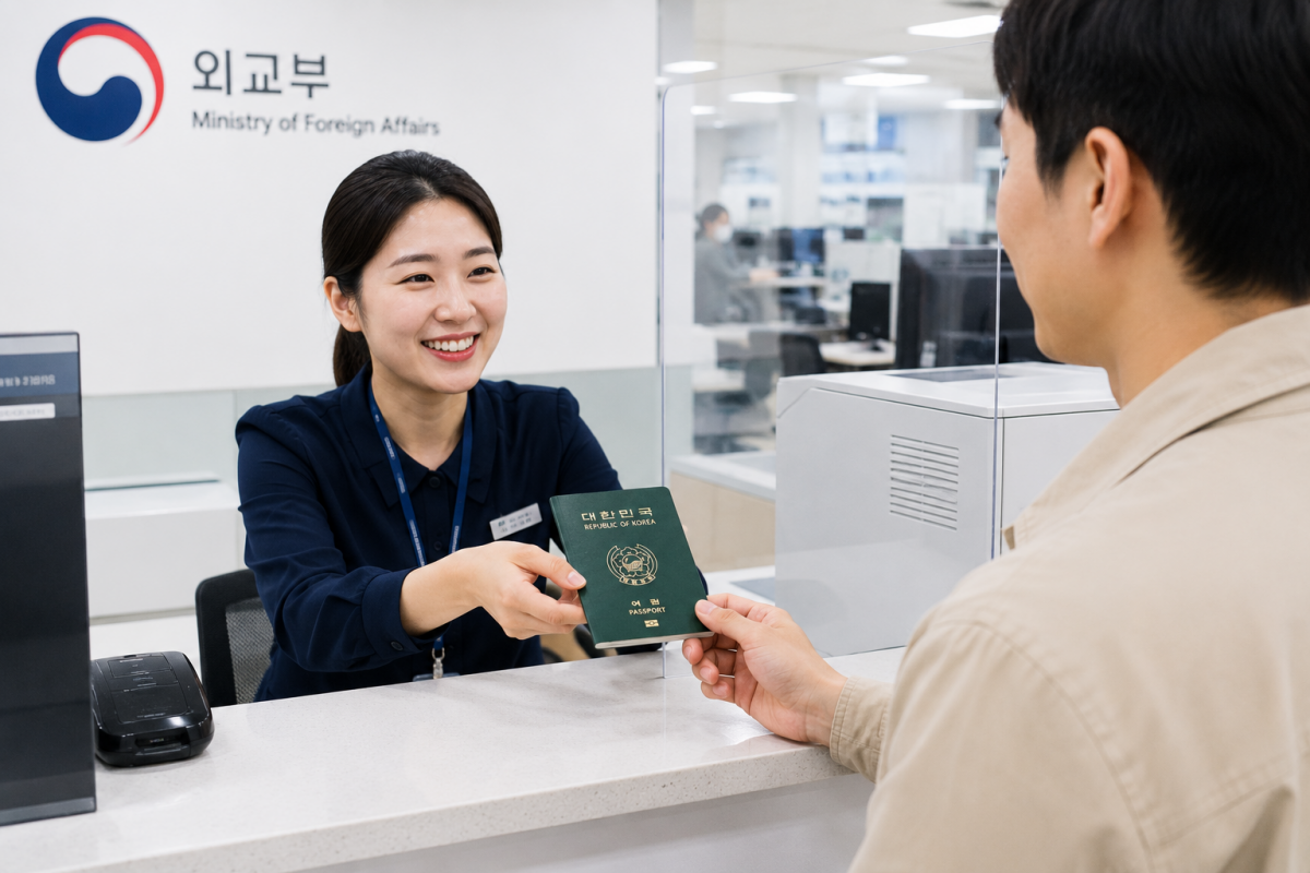 민원창구에서 발급된 여권을 수령하는 모습