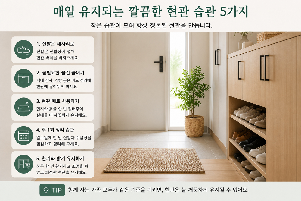 신발을 제자리에 정리하고 신발장과 현관 바닥을 깔끔하게 유지하는 현관 관리 습관 예시