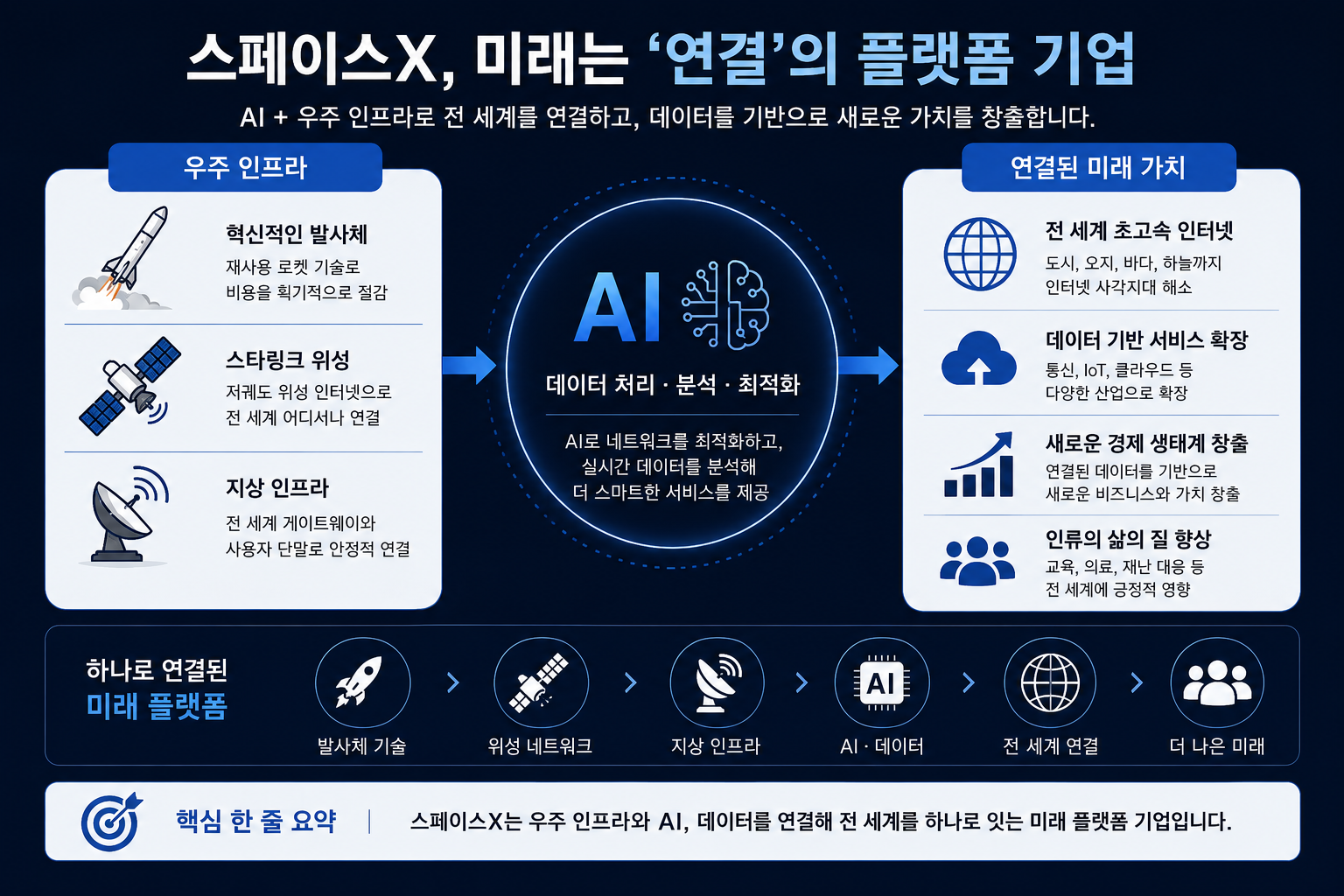스페이스X가 AI, 위성 인터넷, 데이터 인프라를 연결해 미래 플랫폼 기업으로 확장되는 구조를 쉽게 설명한 심플 인포그래픽 이미지