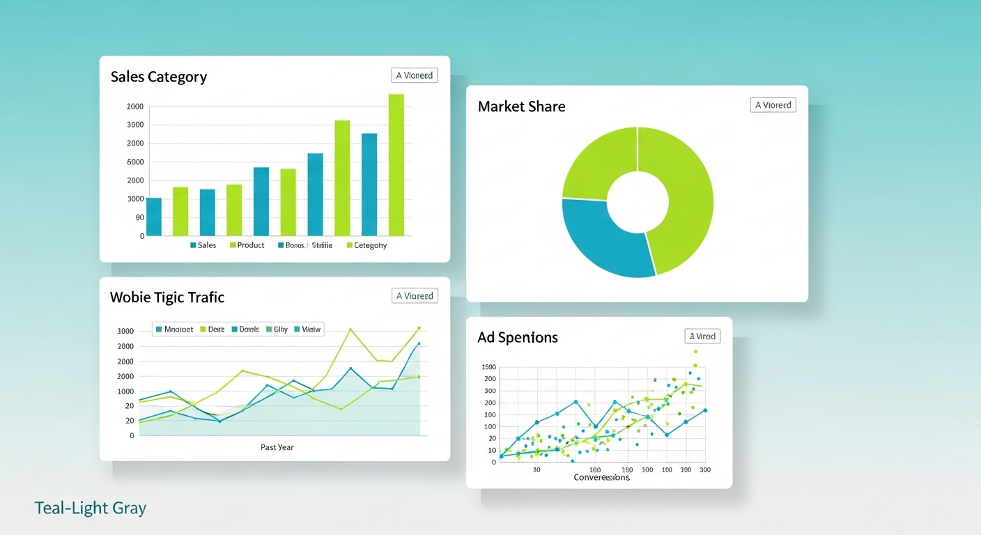 다양한 유형의 엑셀 차트(막대, 꺾은선, 원형)로 시각화된 데이터 모음