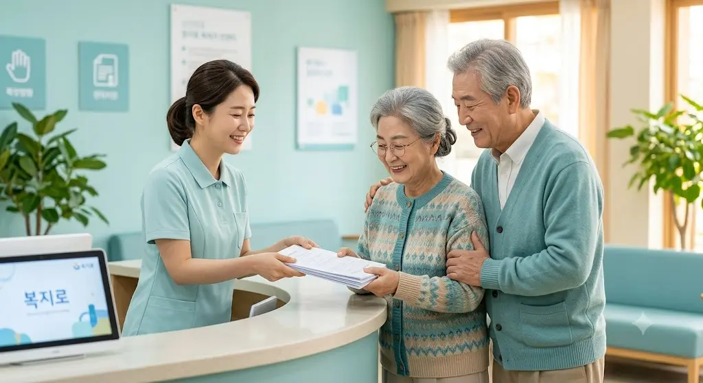 65세 이상 노인 부부가 복지센터에서 서류를 받는 따뜻한 장면,
파스텔 블루그린 톤, 밝고 안정적인 분위기