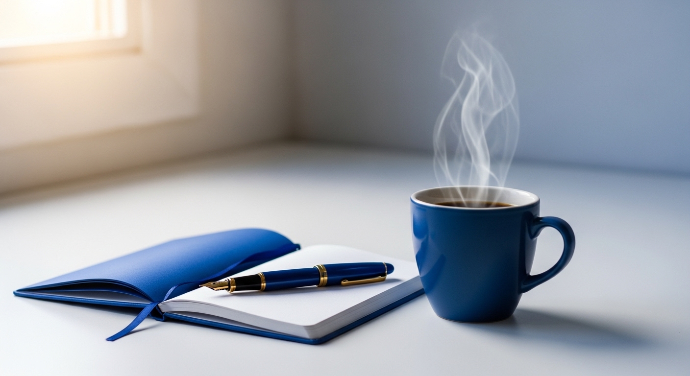 차분한 책상 위, 노트와 펜이 놓여있는 모습. 창의적 글쓰기 루틴을 상징하는 이미지