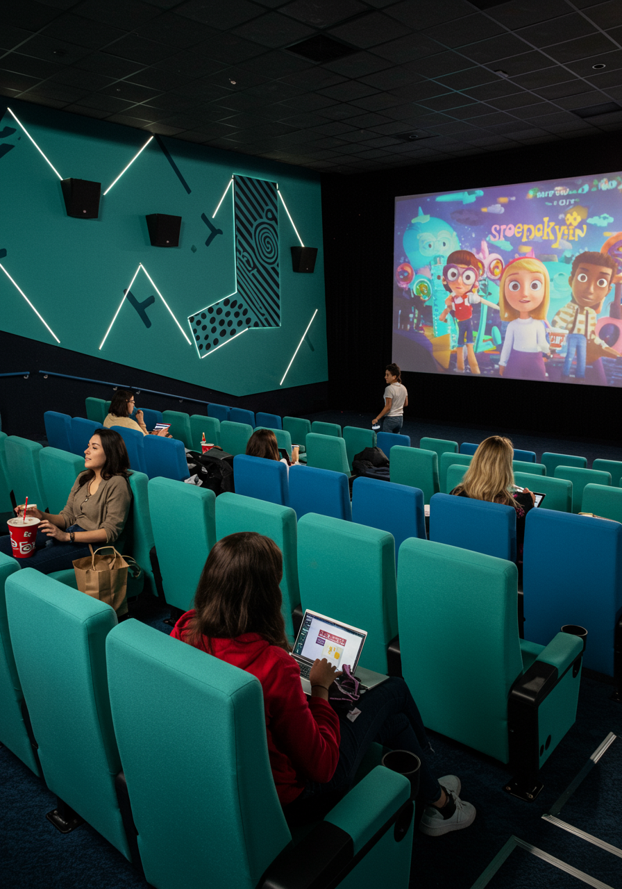 영화관안에서 영화가 시작되기전 기다리면서 팝콘과 테블릿을 하고 있는 이미지