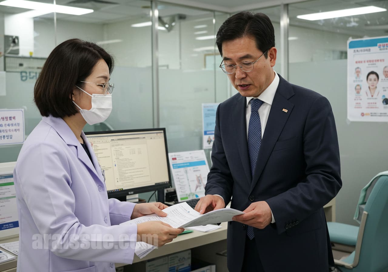 50대 한국인 남성이 건강보험 지원을 안내받고 있는 모습. 현대적인 병원 실내에서 직원과 상담 중입니다.