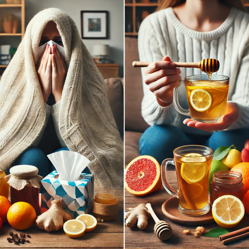 감기 환자와 자연 치유법: 담요를 두른 환자와 레몬 생강차, 신선한 과일, 채소로 구성된 감기 치료 식단