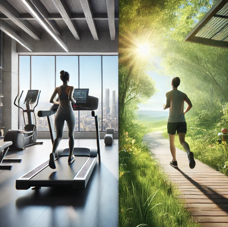 왼쪽은 실내에서 러닝머신으로 달리기를 하고 있는 여성이 있고 오른쪽에는 야외에서 러닝을 하는 남성이 있다