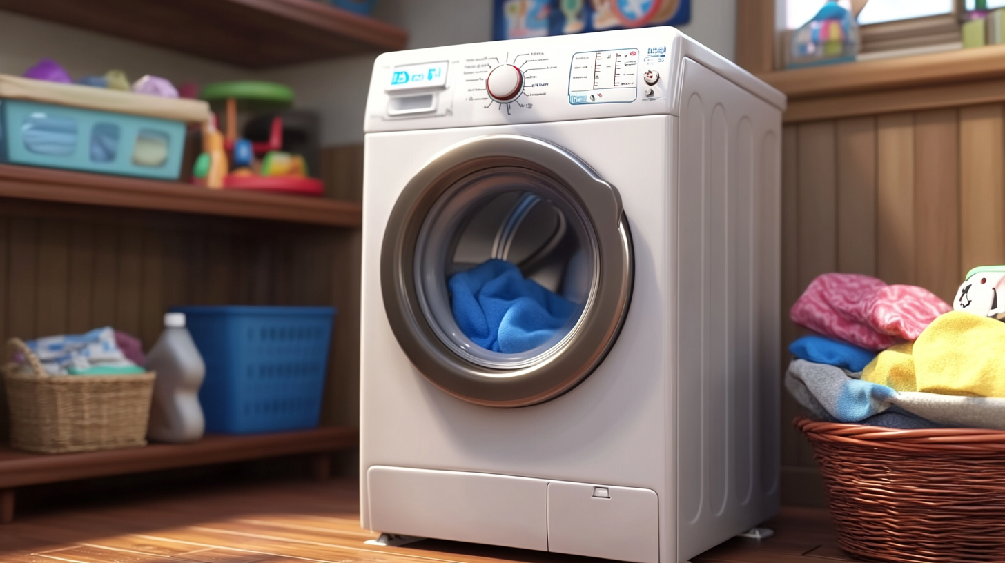 기본 기술로 설계된 A브랜드 세탁기가 단순하고 예산 친화적인 가정 환경에 배치된 모습
