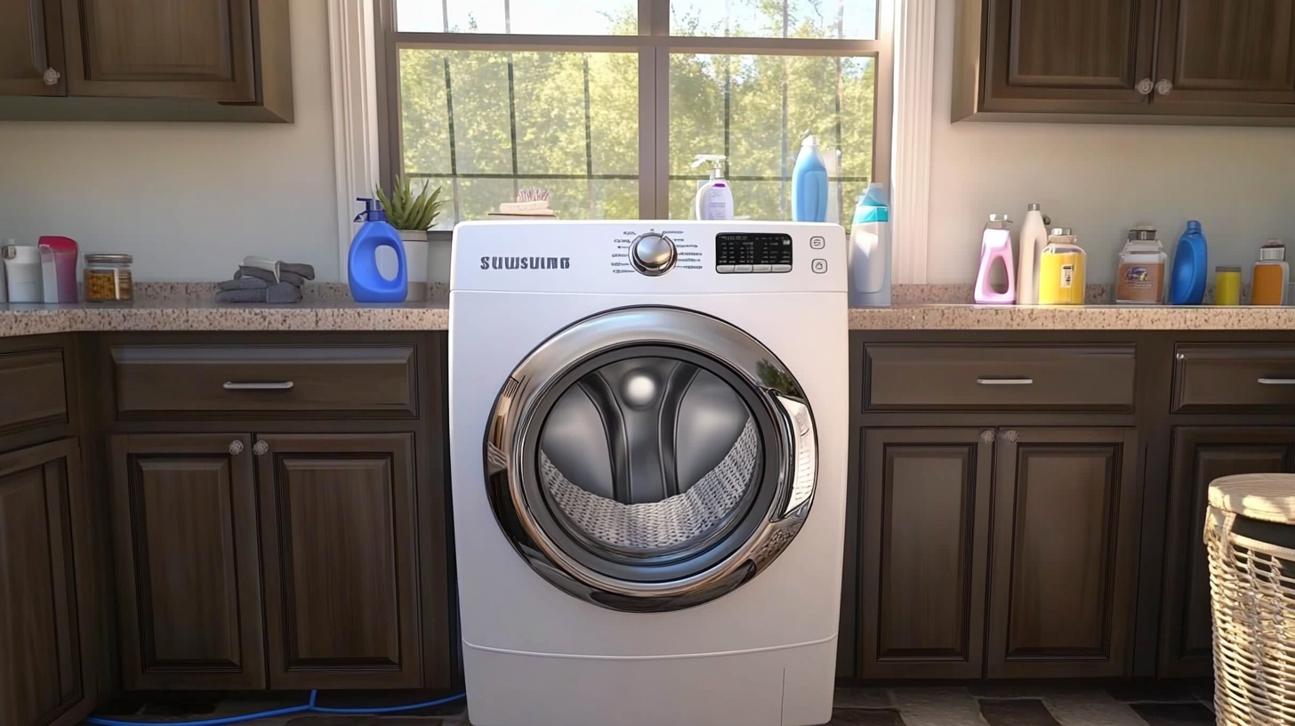 삼성의 에너지 효율적인 세탁기가 중심에 놓인 세련된 세탁실, 친환경 장식과 자연 채광이 있는 모습