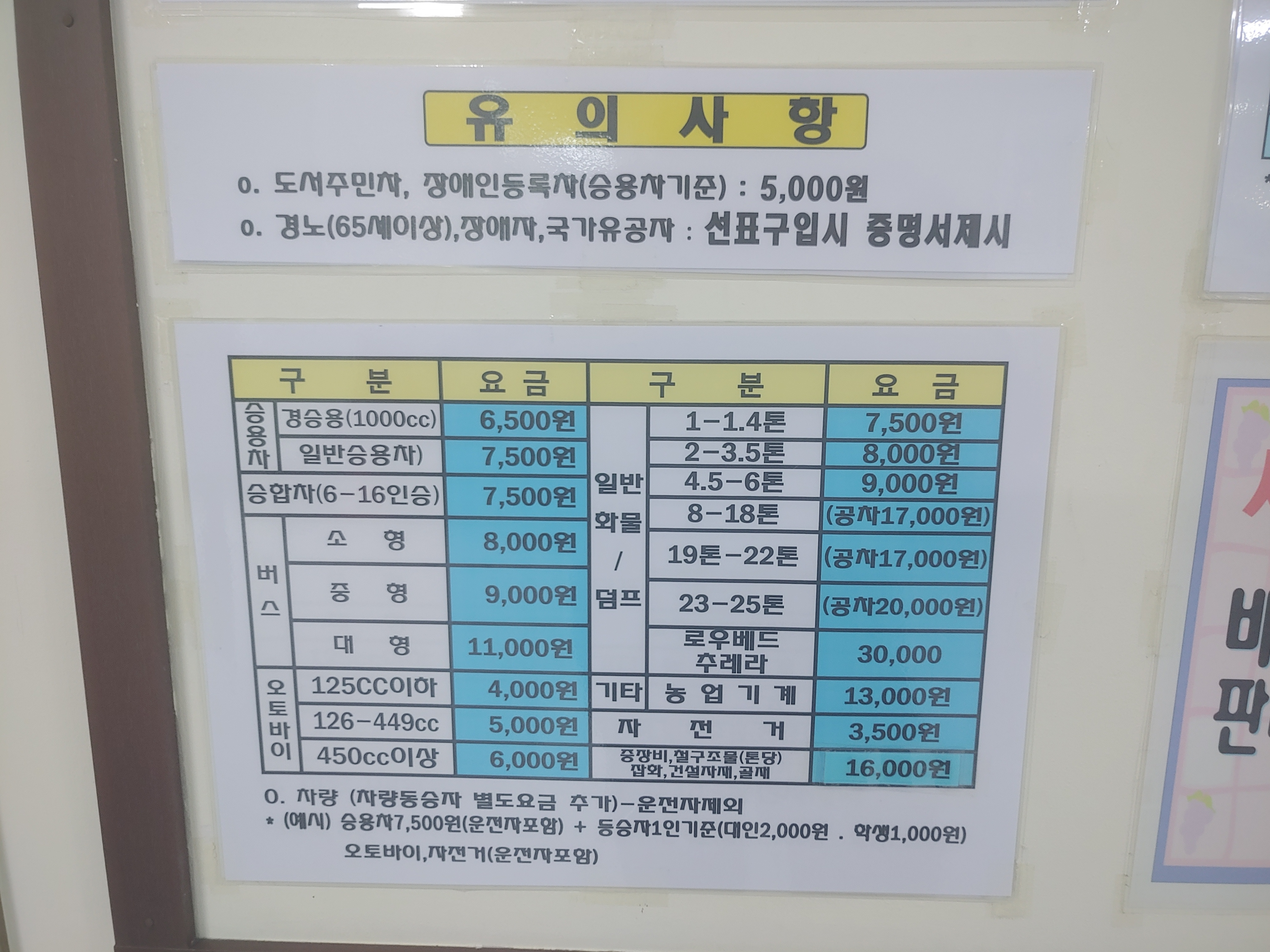 구읍뱃터 배 차량요금표