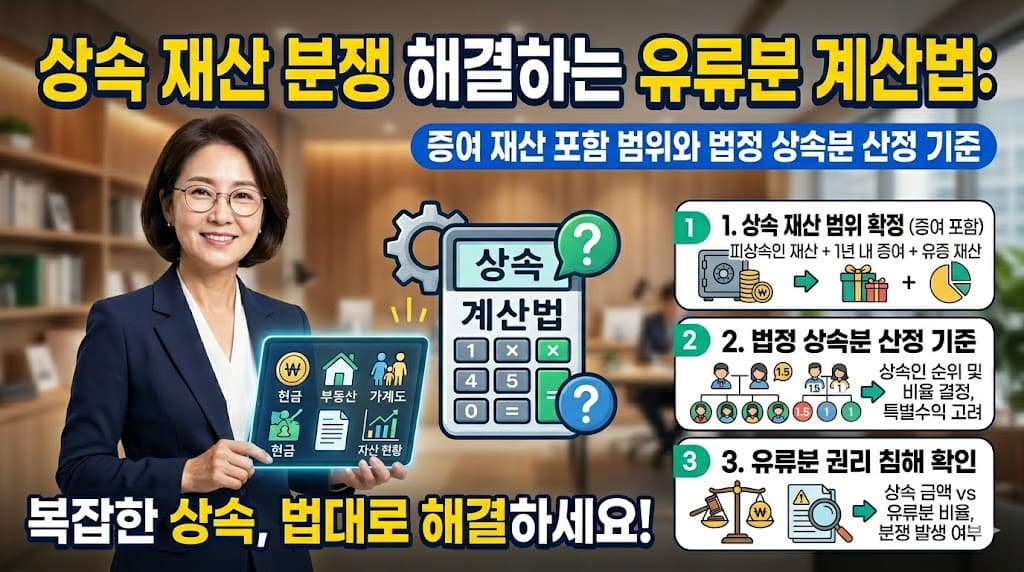 상단에는 노란색과 흰색 배경에 "상속 재산 분쟁 해결하는 유류분 계산법:"과 "증여 재산 포함 범위와 법정 상속분 산정 기준"이라는 제목이 적혀 있습니다.

왼쪽에는 안경을 쓴 여성 전문가가 태블릿을 들고 웃고 있고, 태블릿 화면에는 현금, 부동산, 가계도 아이콘이 보입니다. 전문가 아래에는 "복잡한 상속, 법대로 해결하세요!"라고 적혀 있습니다.

중앙에는 "상속 계산법"이라는 제목의 계산기 아이콘과 톱니바퀴, 물음표 기호가 배치되어 있습니다.

오른쪽에는 상세 정보가 3가지 항목으로 정리되어 있습니다.

"상속 재산 범위 확정 (증여 포함)"과 금고, 선물, 파이 차트 아이콘이 있습니다.
"법정 상속분 산정 기준"과 가계도, 비율 아이콘이 있습니다.
"유류분 권리 침해 확인"과 저울, 문서, 돋보기 아이콘이 있습니다