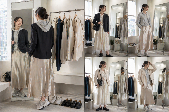 여러 아이템을 조합해 다양한 스타일을 완성하는 젊은 여성의 드레스룸 장면