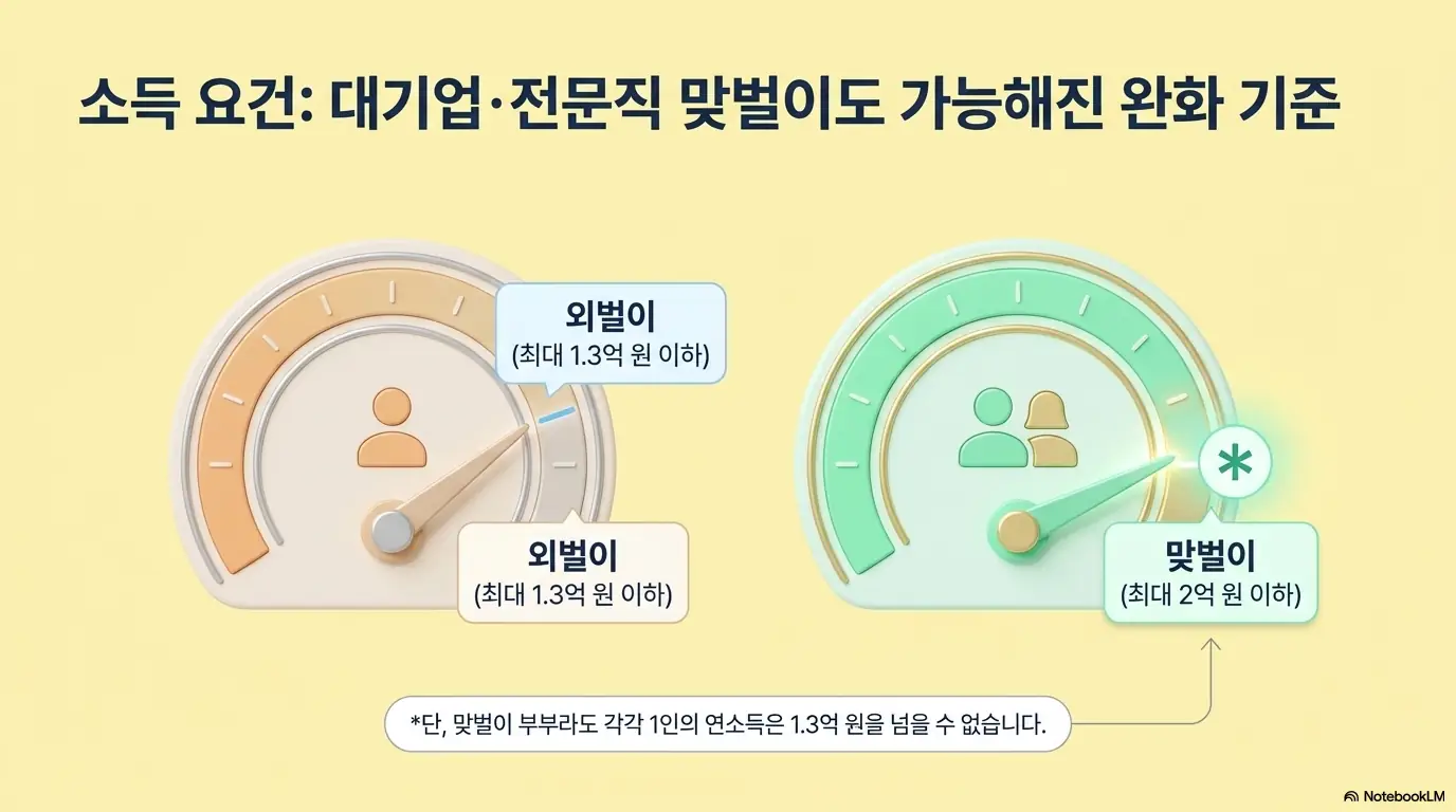 신생아 특례 대출 조건: 신생아 특례 대출 소득요건을 계기판으로 표현한 이미지. 외벌이 최대 1.3억 원&amp;#44; 맞벌이 최대 2억 원 이하 기준을 비교하며 대기업&middot;전문직 맞벌이 부부도 가능해진 완화된 소득 조건을 보여줌. 