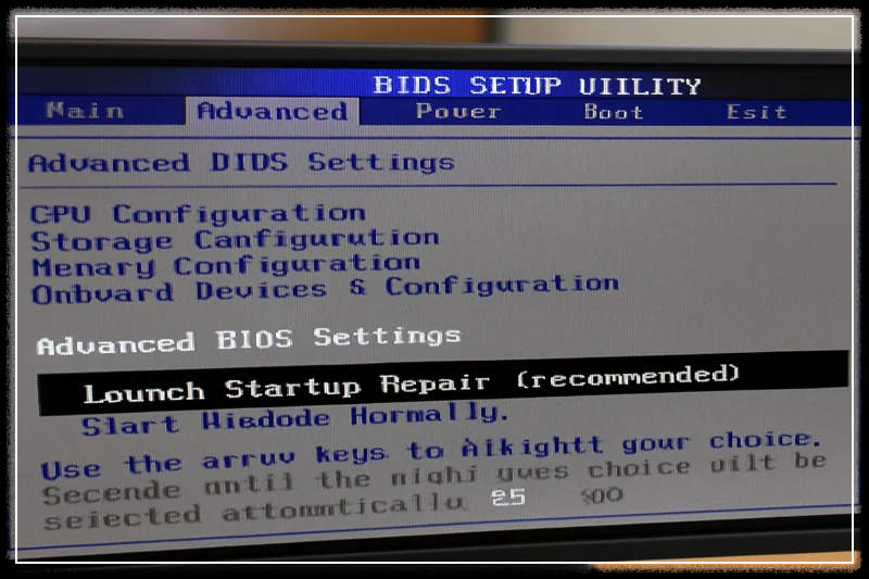 BIOS 설정에서 시동 복구를 선택 중인 컴퓨터 화면