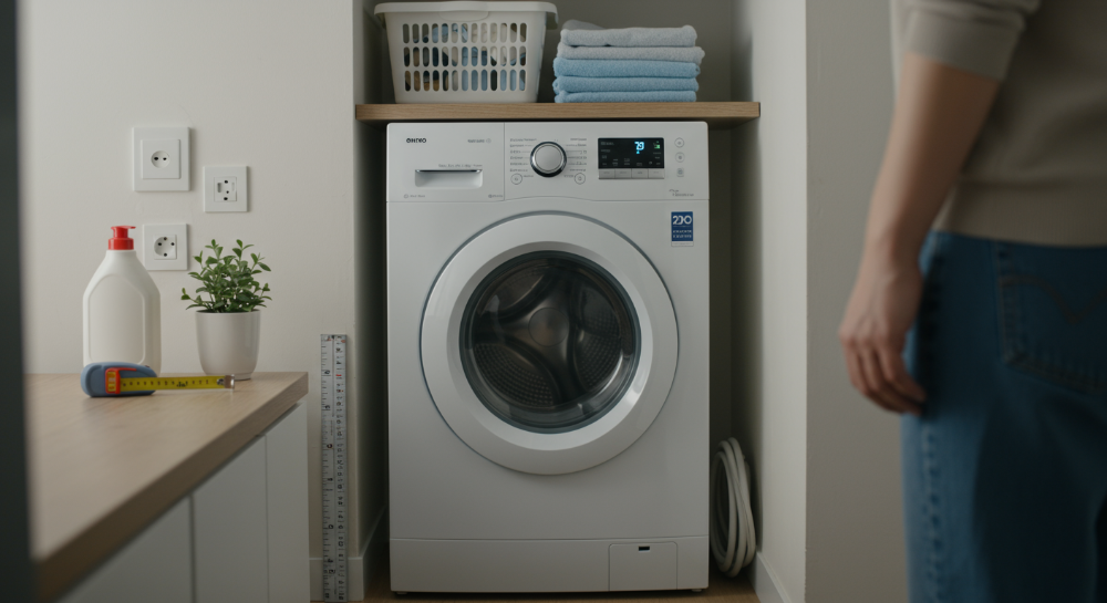 2025년 건조기 설치 전 필수 체크리스트를 시각적으로 보여주는 이미지. 깔끔하게 설치된 건조기와 함께 설치에 필요한 줄자, 전기 콘센트, 배수 호스 등이 정돈된 모습으로 배치되어 건조기 설치의 중요 요소를 강조한다.