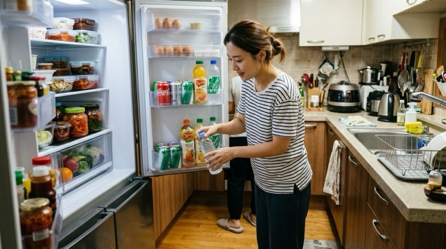냉장고에서 단 음료 대신 생수를 꺼내는 장면