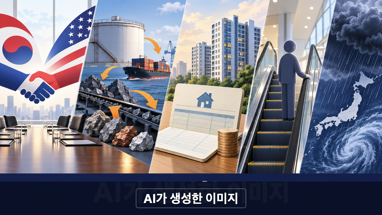 한미 외교, 자원안보, 청약통장, 에스컬레이터 안전, 일본 태풍을 상징한 점심 뉴스 개념 일러스트