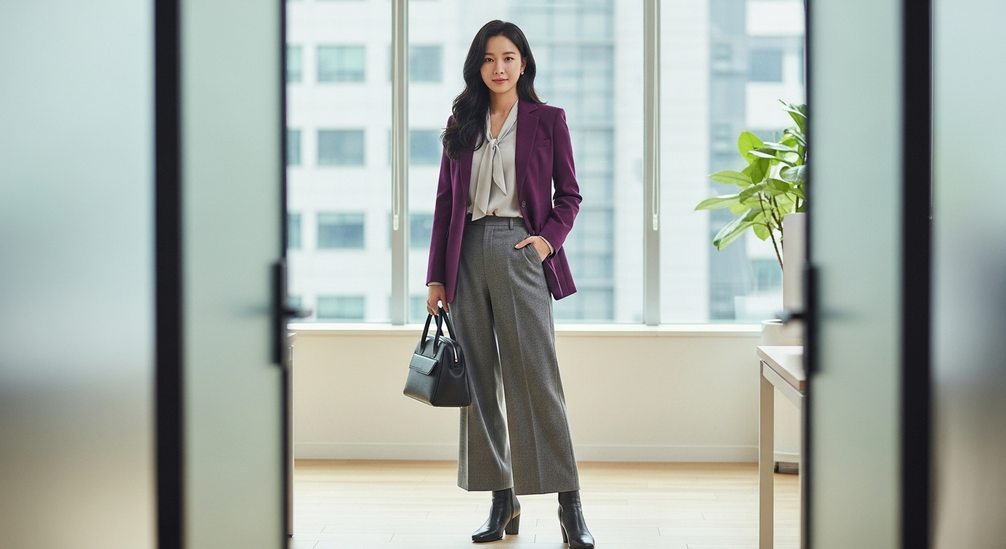 2025 겨울 오피스 스마트 캐주얼룩. 퍼플 블레이저와 와이드 팬츠를 매치한 여성.