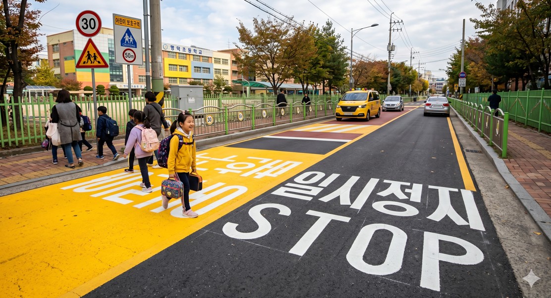 어린이 보호구역 내 노란색 횡단보도와 일시정지 글자가 적힌 도로 바닥