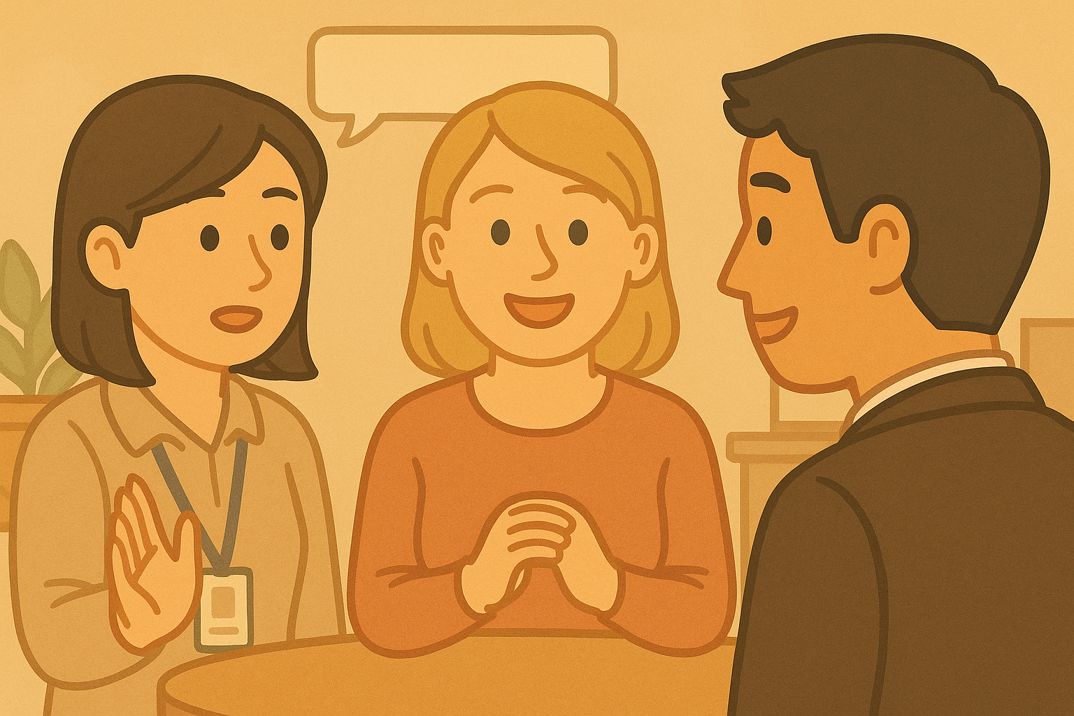 외국인 배우자가 통역사와 함께 대화를 하고 있다.