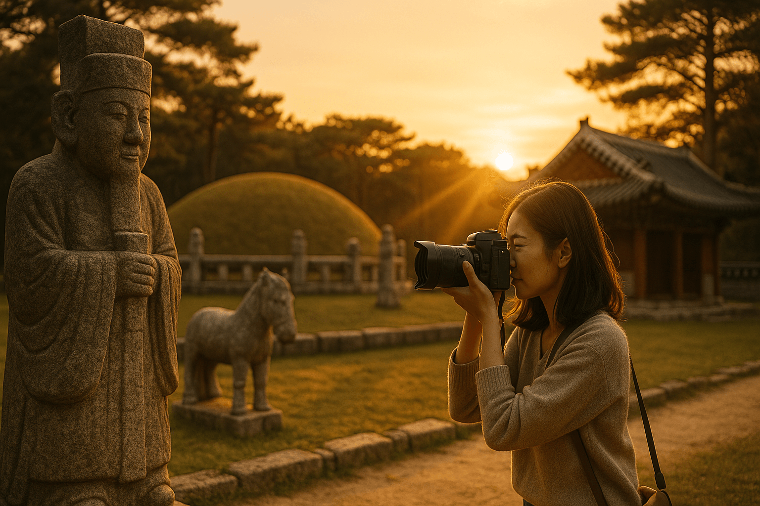 왕릉에서 인생샷을 남기기 위한 사진 촬영 장면