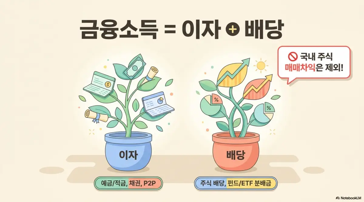 금융소득종합과세 기준: 금융소득은 이자와 배당을 합산한 것이라는 내용을 두 개의 화분 일러스트로 표현한 인포그래픽 이미지. 왼쪽 파란 화분에는 이자라고 적혀 있고 예금 적금 채권 P2P가 포함되며 오른쪽 분홍 화분에는 배당이라고 적혀 있고 주식 배당 펀드 ETF 분배금이 포함된다. 국내 주식 매매차익은 제외라는 안내가 함께 표시되어 있다. 이 이미지는 금융소득의 구성 항목과 제외 대상을 시각적으로 전달하며 블로그의 금융소득이란 무엇인지에 대한 설명과 관련된 내용을 설명함
