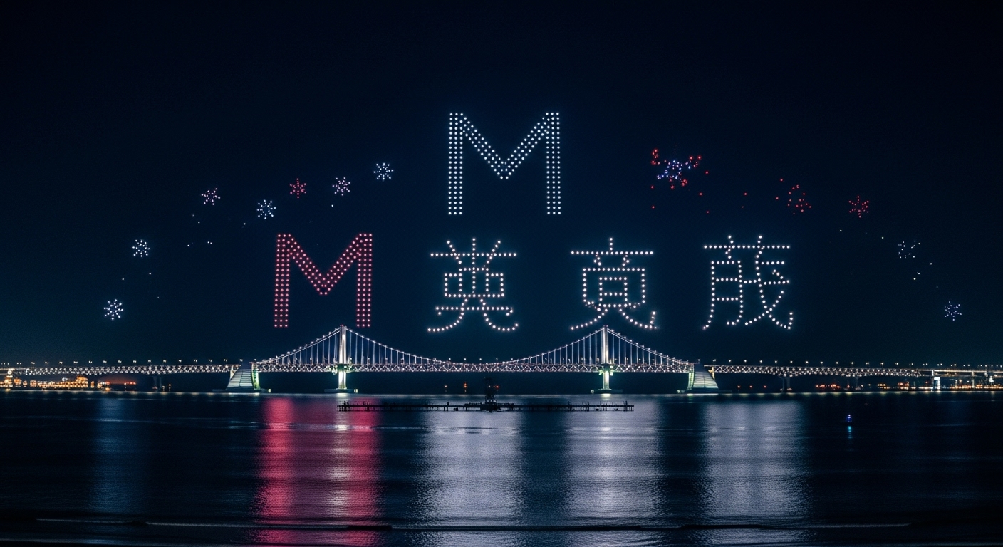 2025년 광안리 M 드론쇼의 환상적인 야경. 수많은 드론이 광안대교 위 밤하늘을 수놓으며 화려한 빛의 공연을 펼치는 모습.