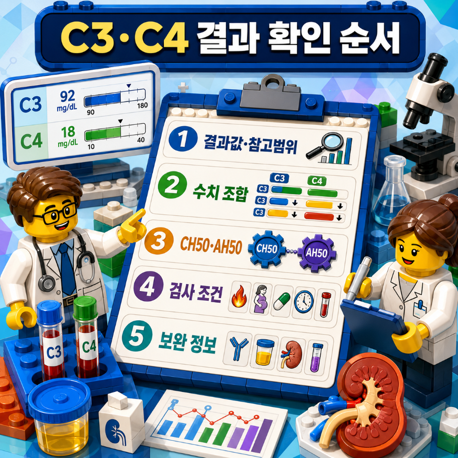 C3·C4 검사 결과를 확인하는 순서를 레고 스타일 의료 인포그래픽으로 정리한 체크리스트와 보체 기능, 검사 조건, 보완 검사를 시각적으로 표현한 이미지