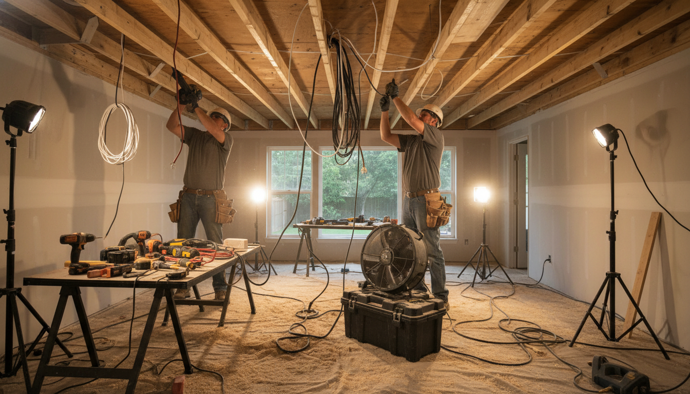 무거운 실링팬을 안전하게 설치하기 위해 거실 천장에 목공 보강 작업을 하는 모습