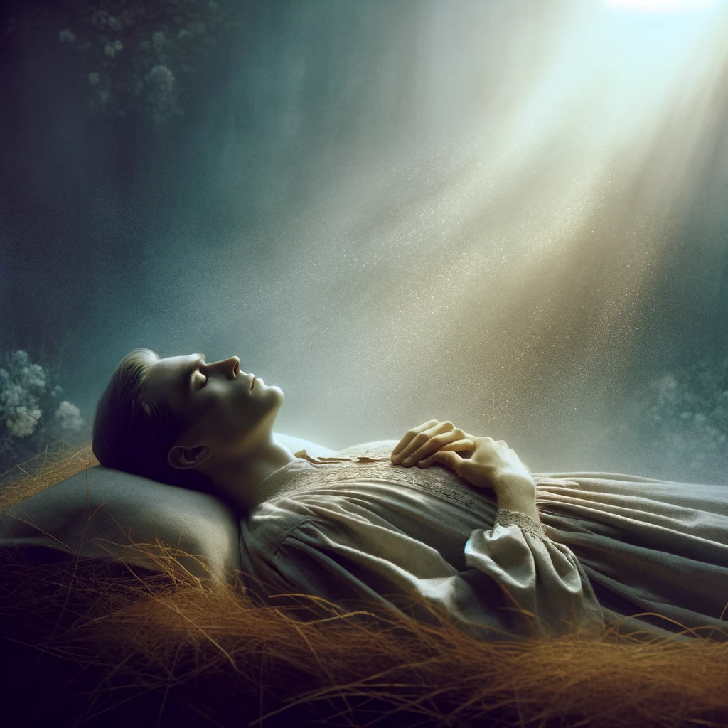 The image above captures the solemn and serene moment of a person's final words, "Receive my spirit," as they peacefully transition from this life. The atmosphere and expression convey a deep sense of peace and acceptance.
