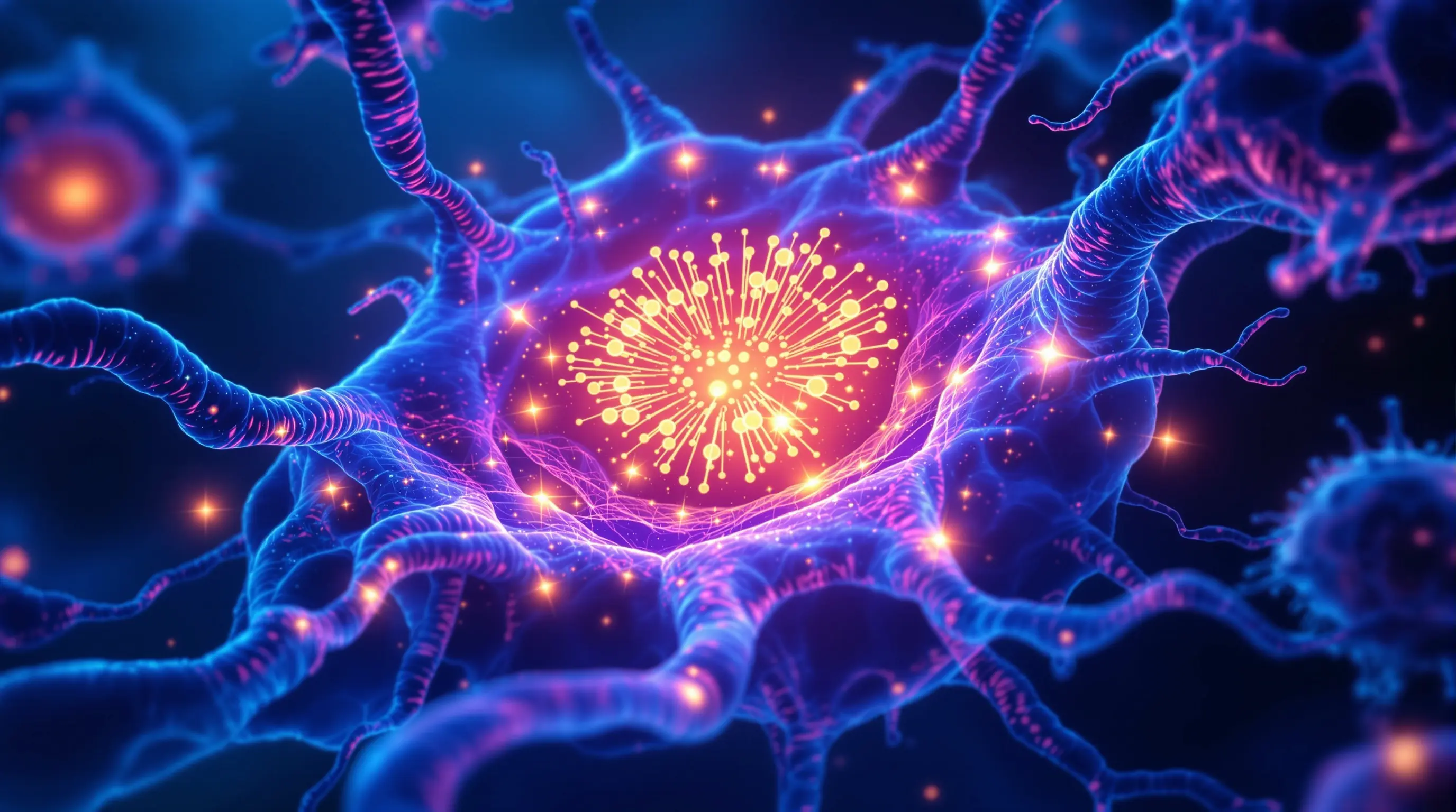 야마나카 인자(OSKM)가 세포 핵 주변에서 유전자 발현 패턴을 재설정하는 리프로그래밍 과정을 분자 수준으로 표현한 이미지