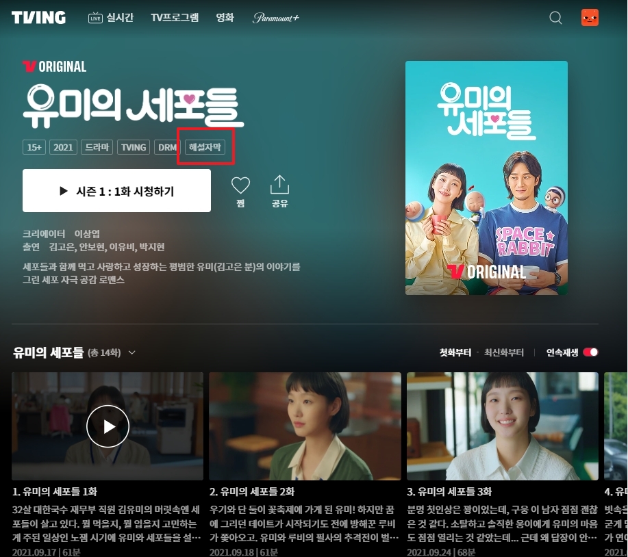 영상 상세 정보에 '해설자막' 아이콘이 표시된 화면