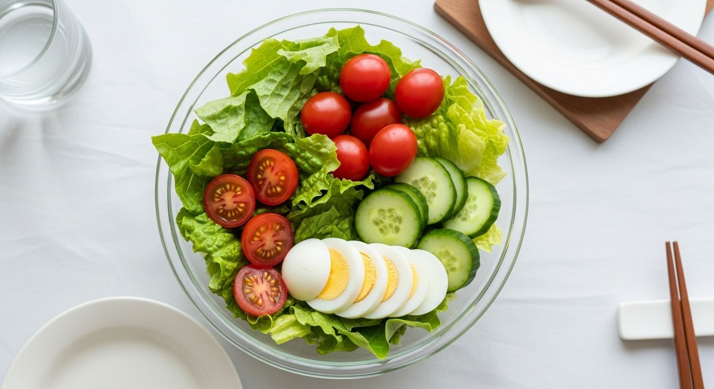 양상추, 오이, 방울토마토, 삶은 계란으로 만든 한국식 샐러드